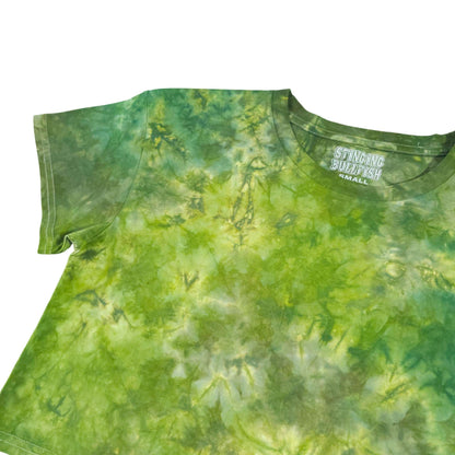 Green tie-dye crop top front view with crew neck and short sleeves, chest logo label.