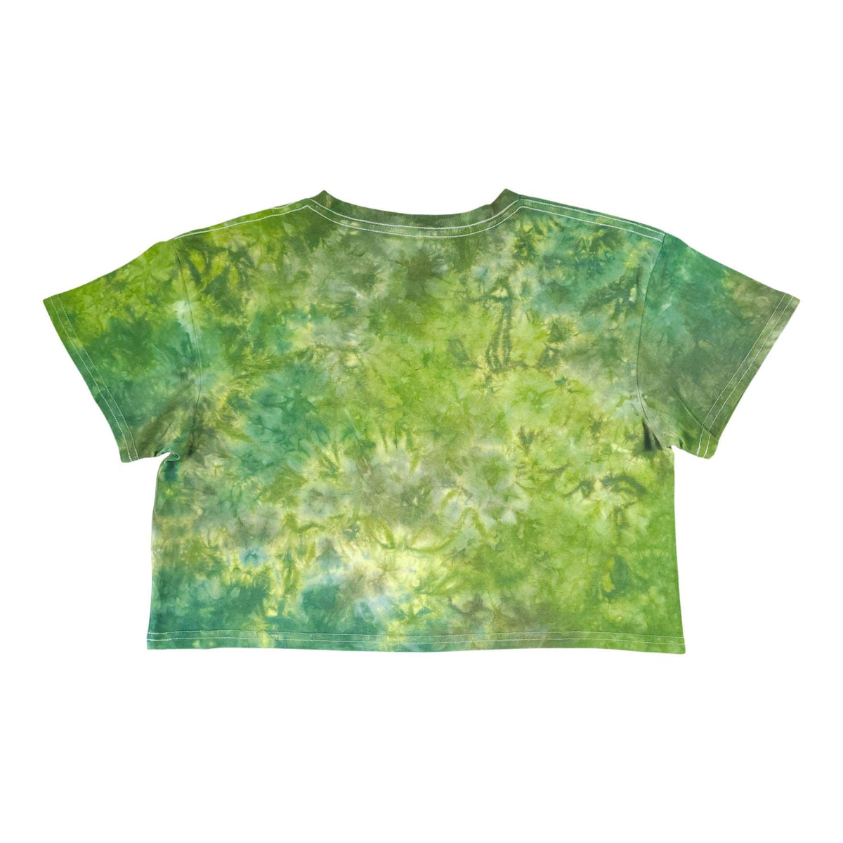 Green tie-dye crop top front view with crew neckline and short sleeves, even pattern.