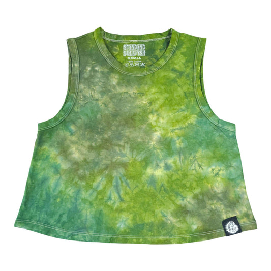 Green and yellow tie-dye crop vest with crew neck and sleeveless cut
