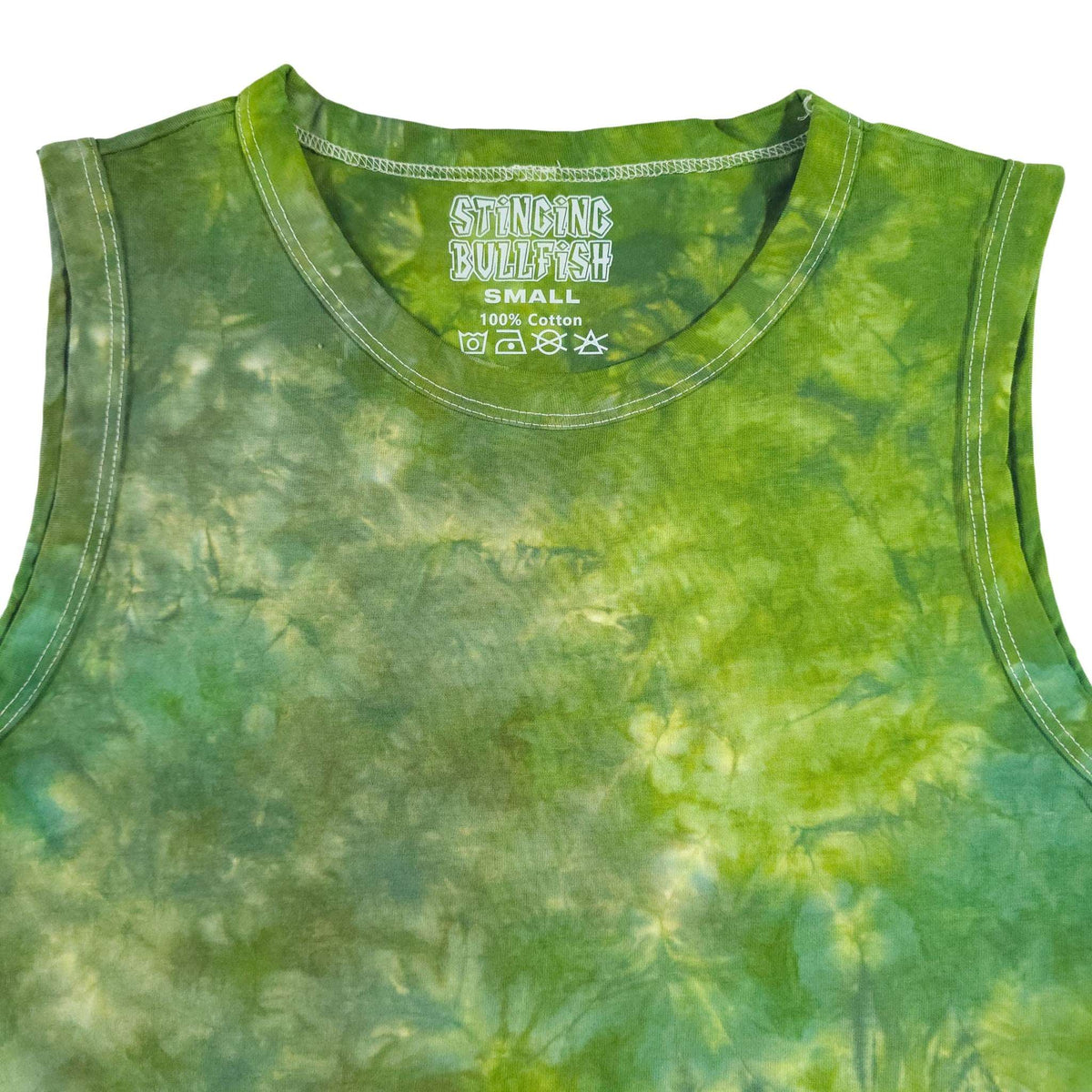 Sleeveless green tie-dye crop vest with crew neckline and stitched hem