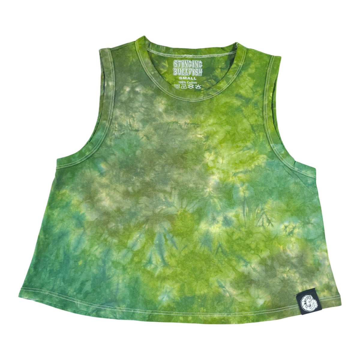 Green tie-dye crop tank vest with crew neck and small side logo patch