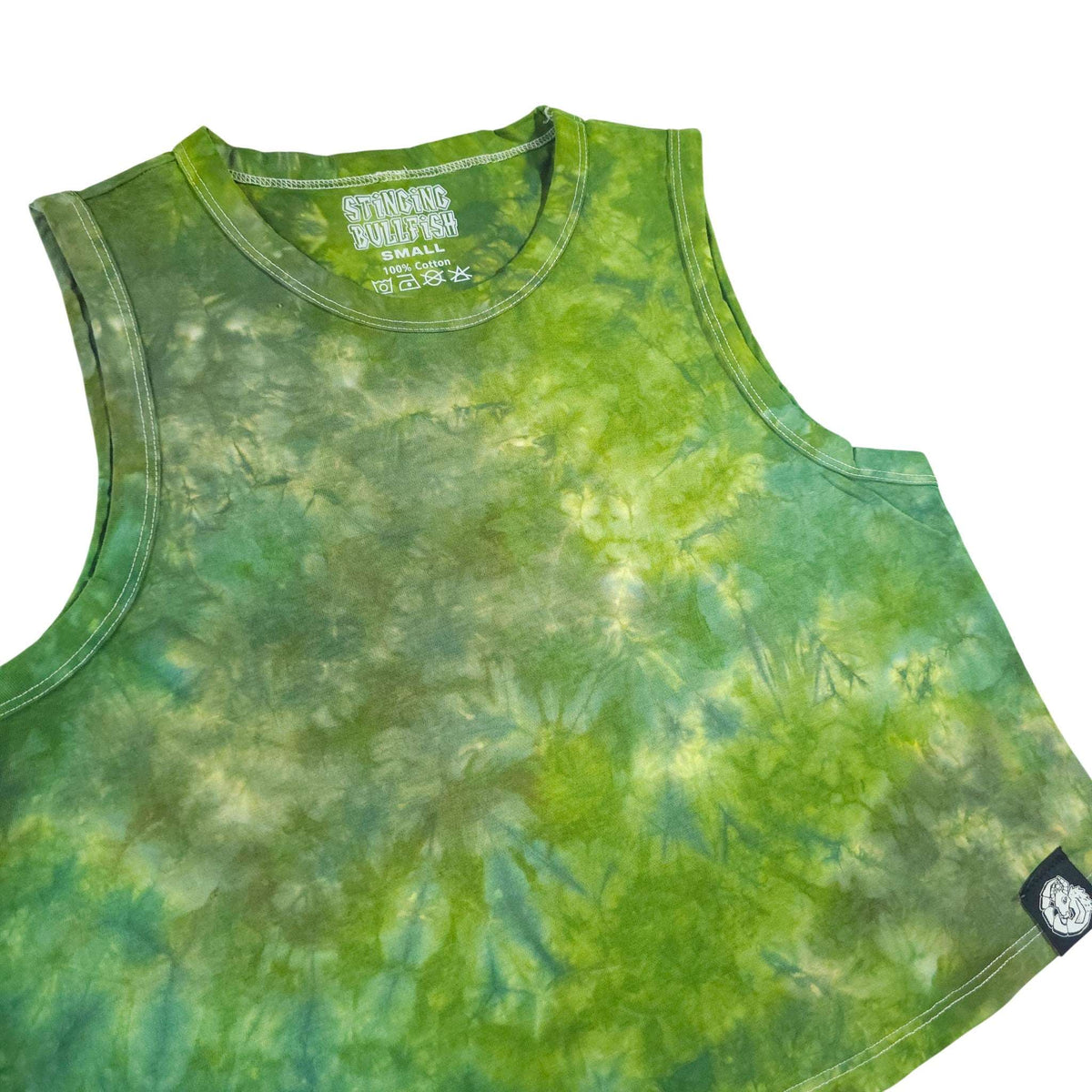 Green tie-dye sleeveless crop vest with crew neck and contrast logo patch
