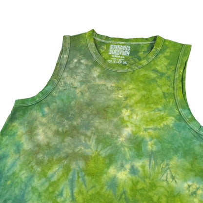 Light green and yellow tie-dye crop vest with sleeveless crew neckline