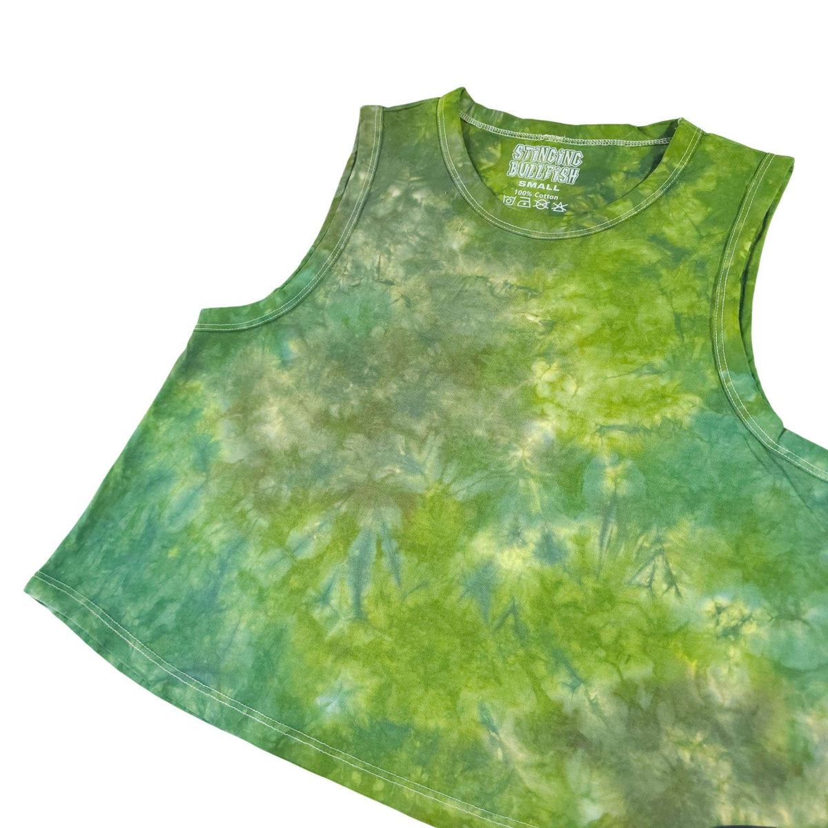 Green and yellow tie-dye crop vest, sleeveless with crew neck and wide hem