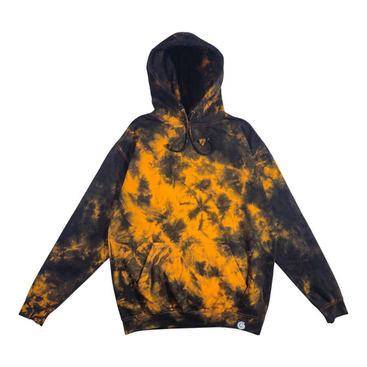 Zip-up tie-dye hoodie in black and bright orange with adjustable hood and kangaroo pocket