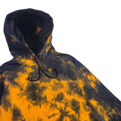 Black and orange tie-dye zip hoodie with hood drawstrings and kangaroo pocket detail