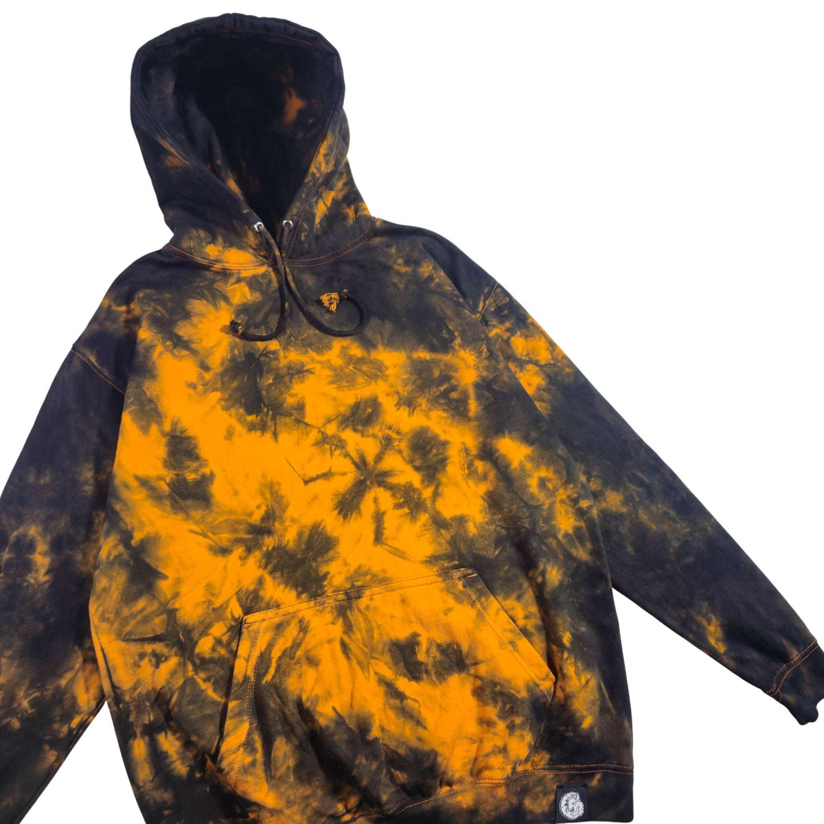 Orange-and-black tie-dye zip hoodie with hood, drawstring cords, and front kangaroo pocket