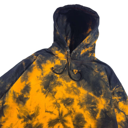 Tie-dye zip-up hoodie with black hood lining, drawstring cords, and orange cloud pattern