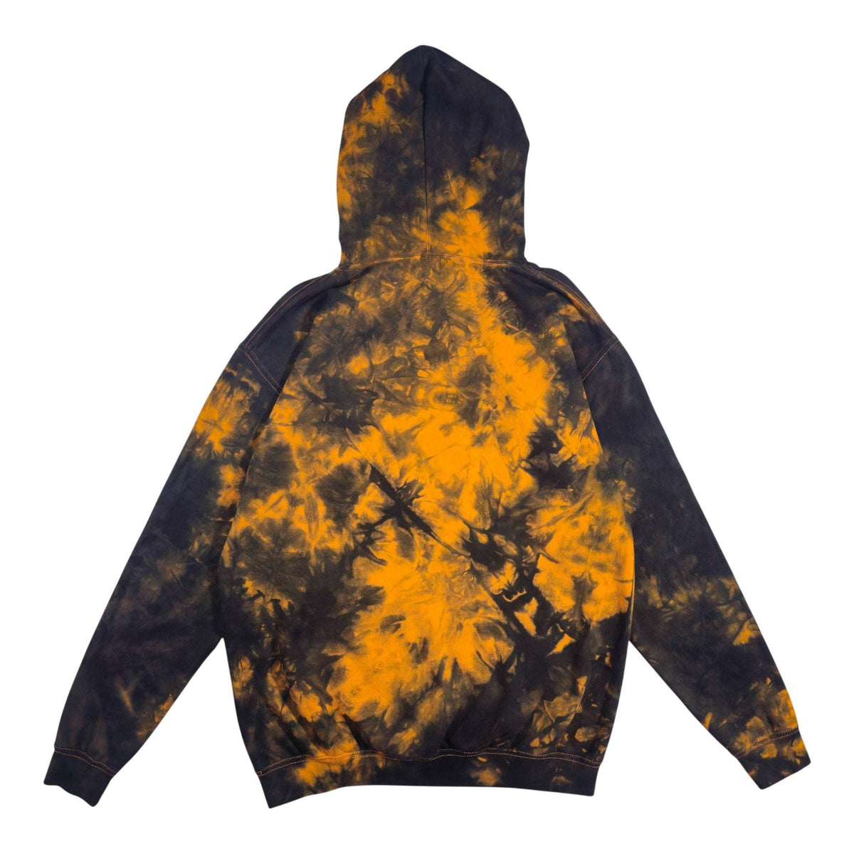 Back view of black and orange tie-dye zip hoodie with full-coverage hood