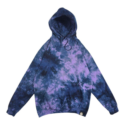 Lavender and navy tie-dye hoodie with hood, drawstrings, and front kangaroo pocket