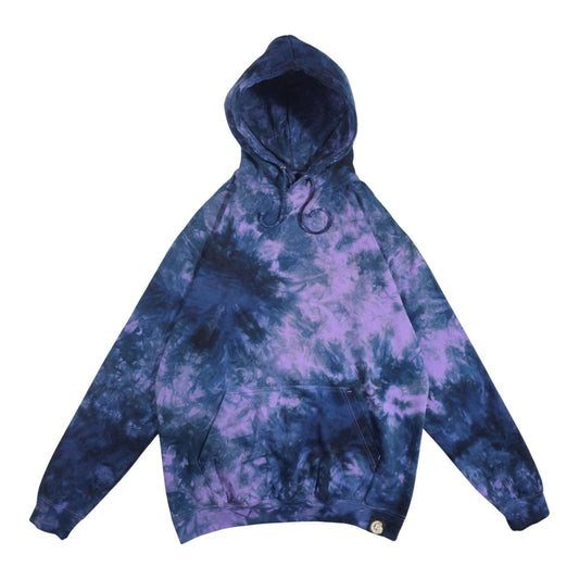 Lavender and navy tie-dye hoodie with hood, drawstrings, and front kangaroo pocket