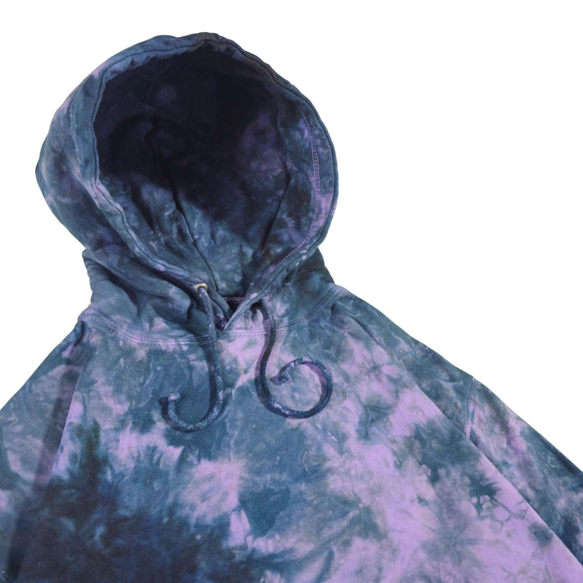 Lavender and navy tie-dye hoodie front view with hood and double drawstrings