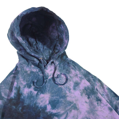 Lavender and navy tie-dye hoodie front view with hood and double drawstrings