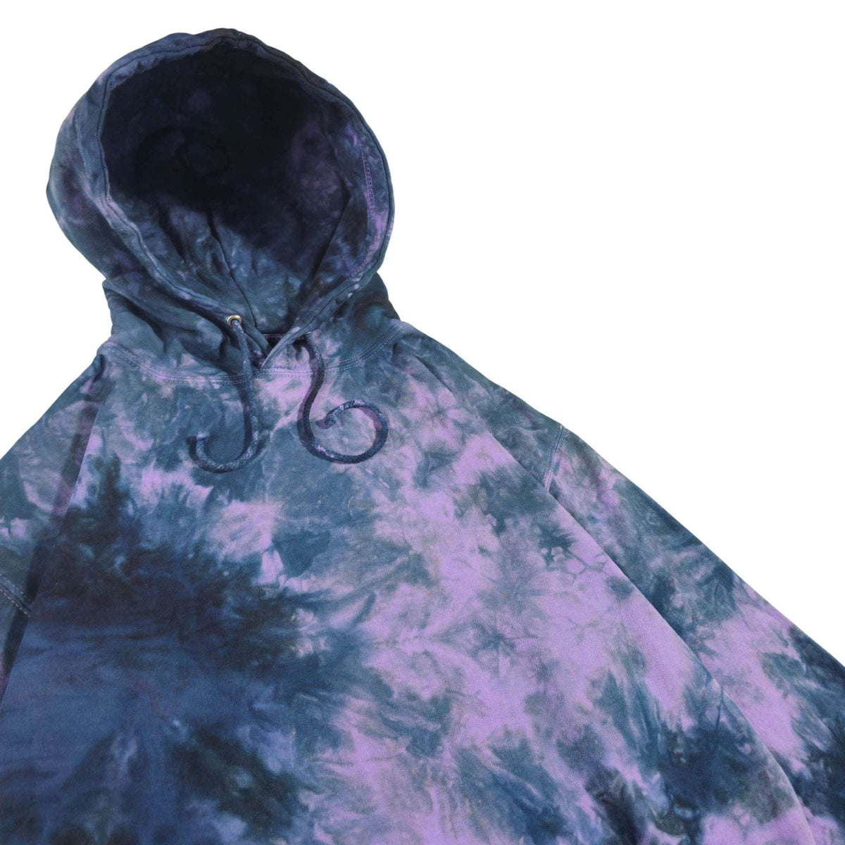 Tie-dye hoodie with hood and front drawstrings, featuring blue and purple swirls