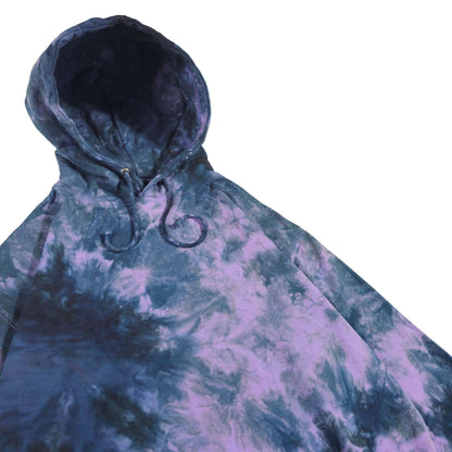 Tie-dye hoodie with hood and front drawstrings, featuring blue and purple swirls