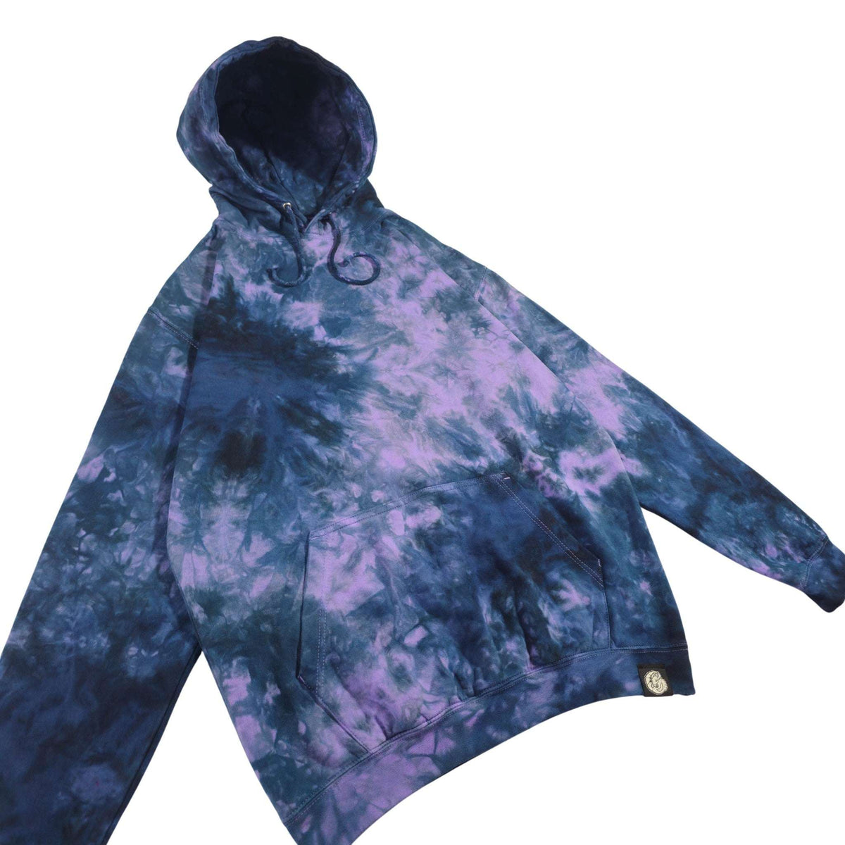 Lavender and navy tie-dye hoodie with long sleeves, hood, and front pocket