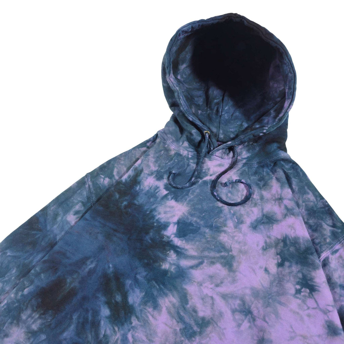 Tie-dye hoodie with hood lining and front drawstrings, blue and lavender pattern