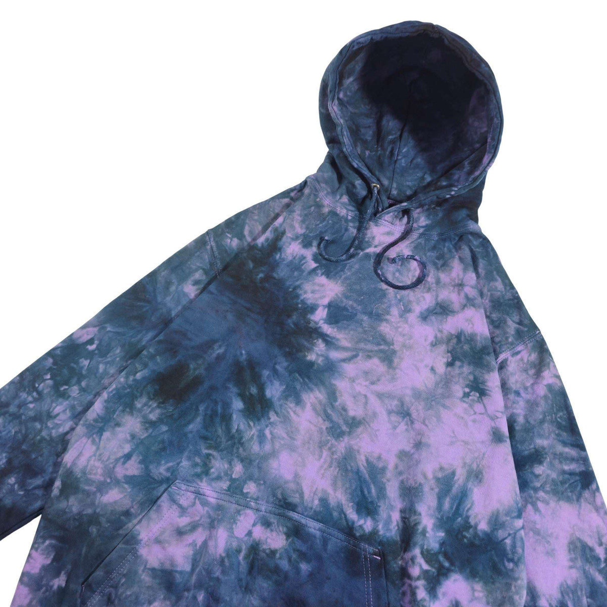 Lavender and navy tie-dye hoodie with hood and drawstrings, front panel view