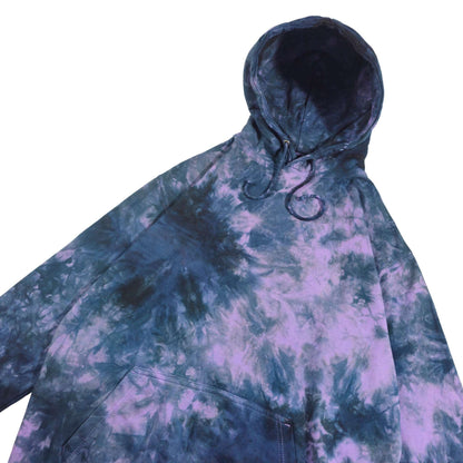 Lavender and navy tie-dye hoodie with hood and drawstrings, front panel view