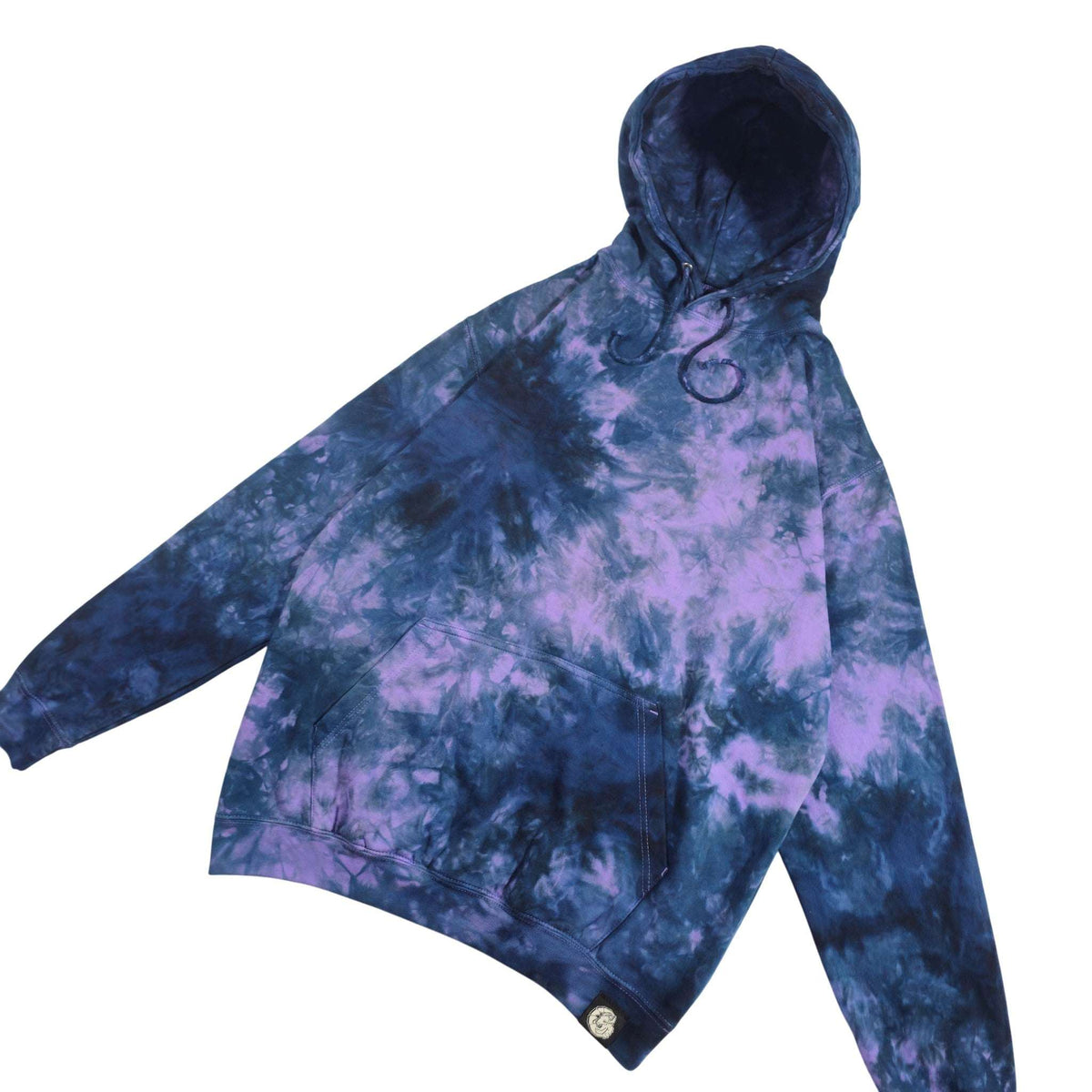 Tie-dye hoodie with hood, drawstrings, and kangaroo pocket; blue and purple swirls