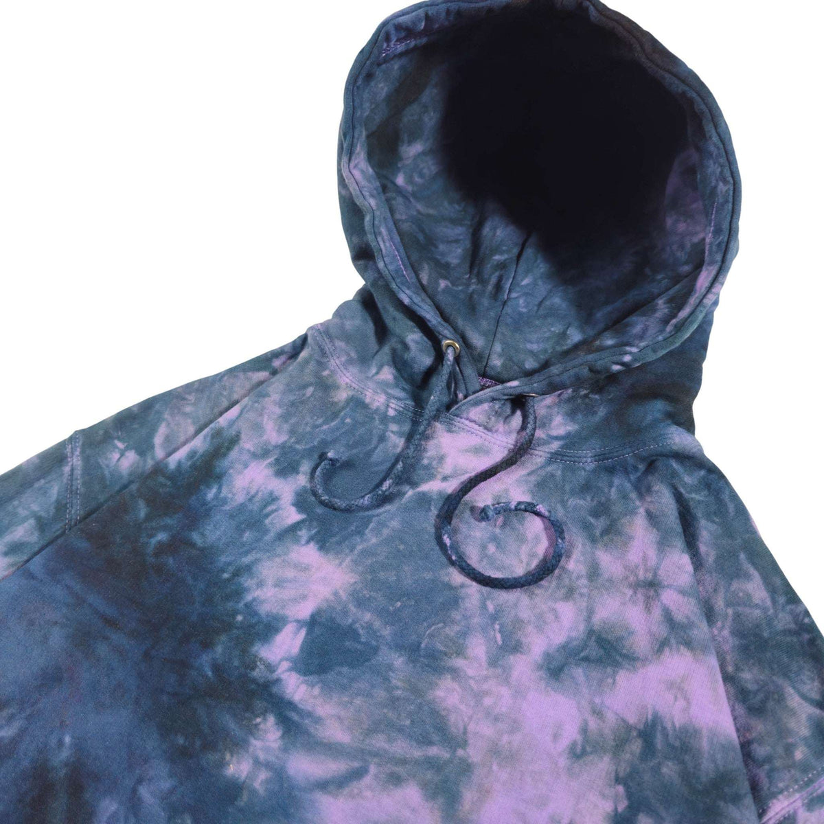 Tie-dye hoodie close-up: hood interior and dark double drawstrings