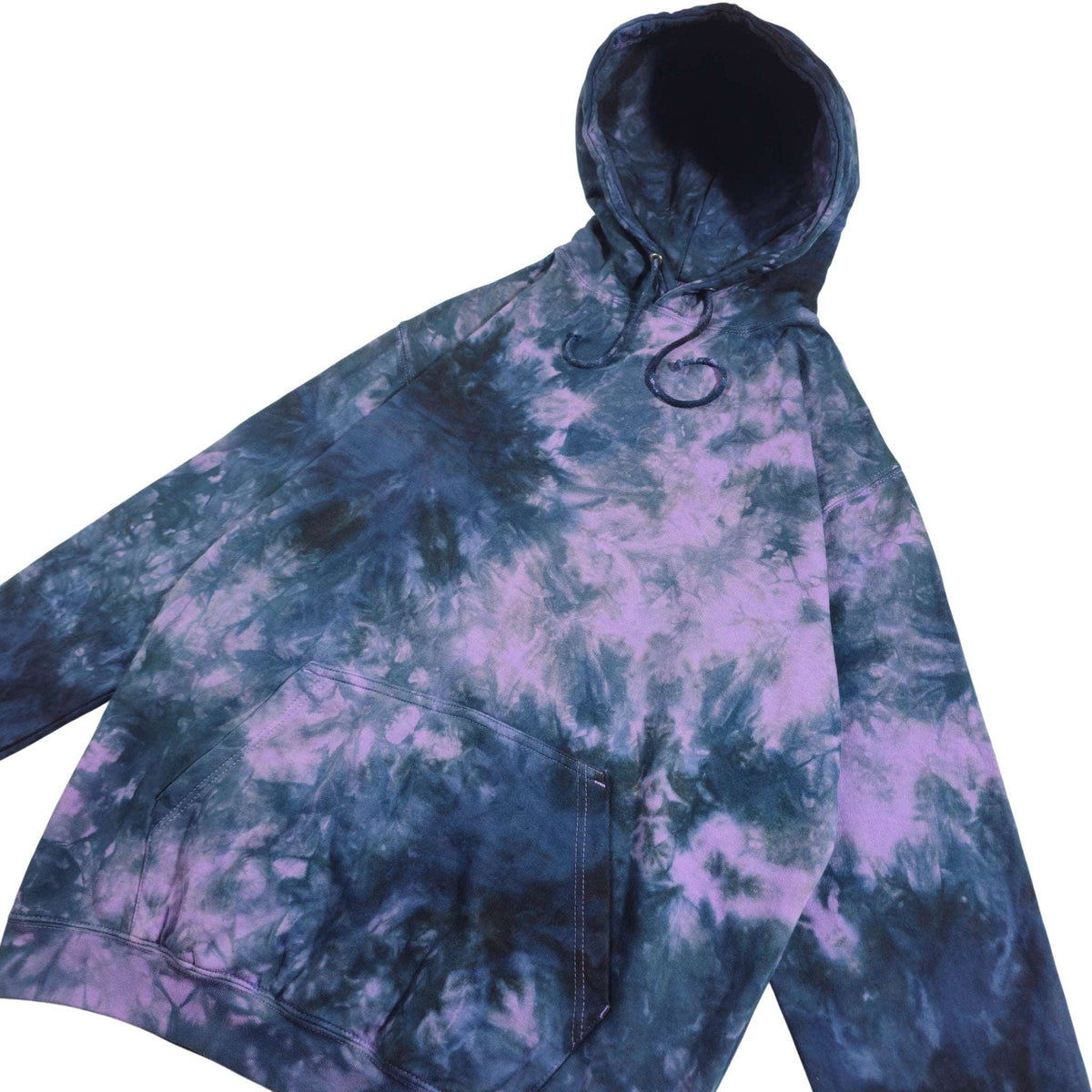 Lavender and navy tie-dye hoodie with hood and drawstrings, relaxed front drape