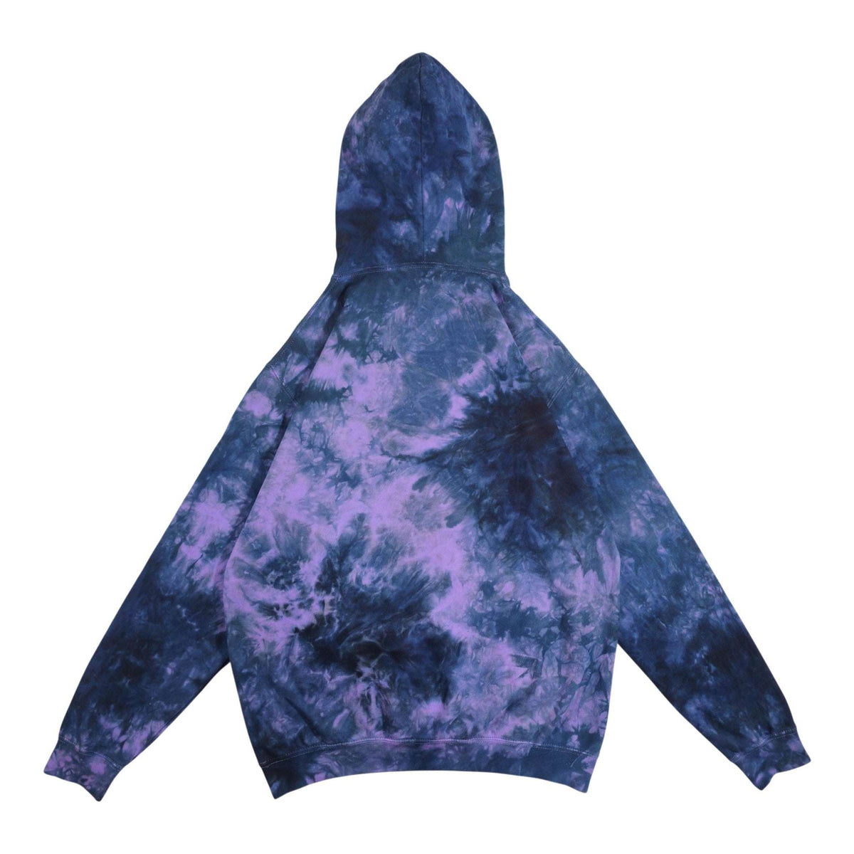 Purple and blue tie-dye hoodie with attached hood and front kangaroo pocket