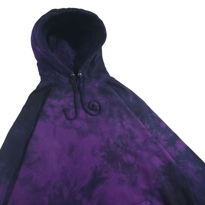 Deep purple-and-black tie-dye pullover hoodie with hood and front drawstring detail