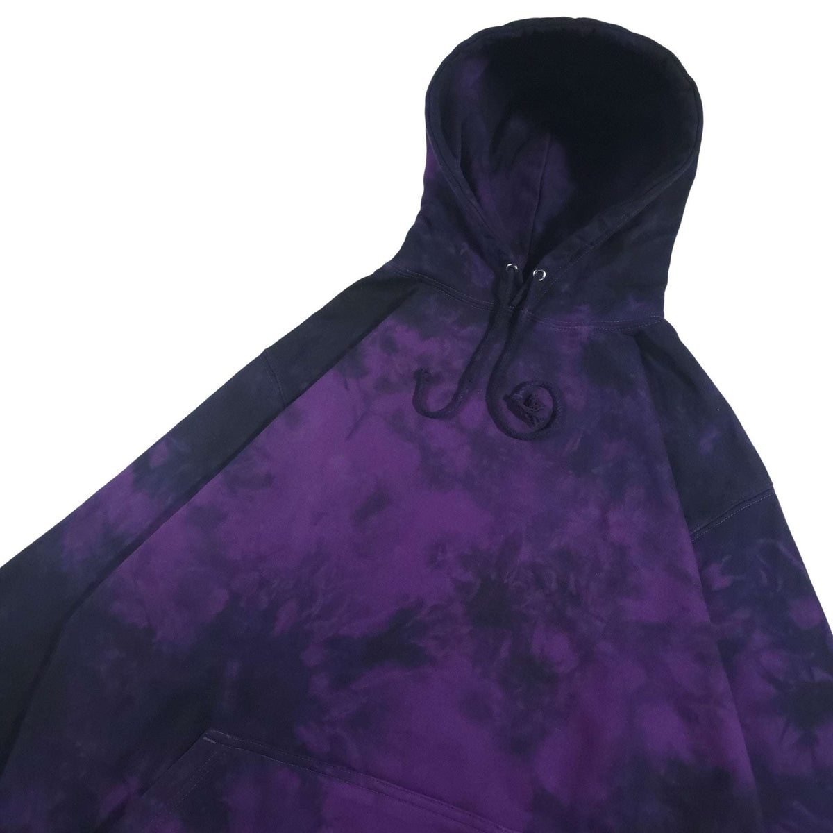 Deep purple-and-black tie-dye hoodie front close-up with hood and drawstrings