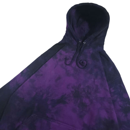 Deep purple-and-black tie-dye hoodie front close-up with hood and drawstrings