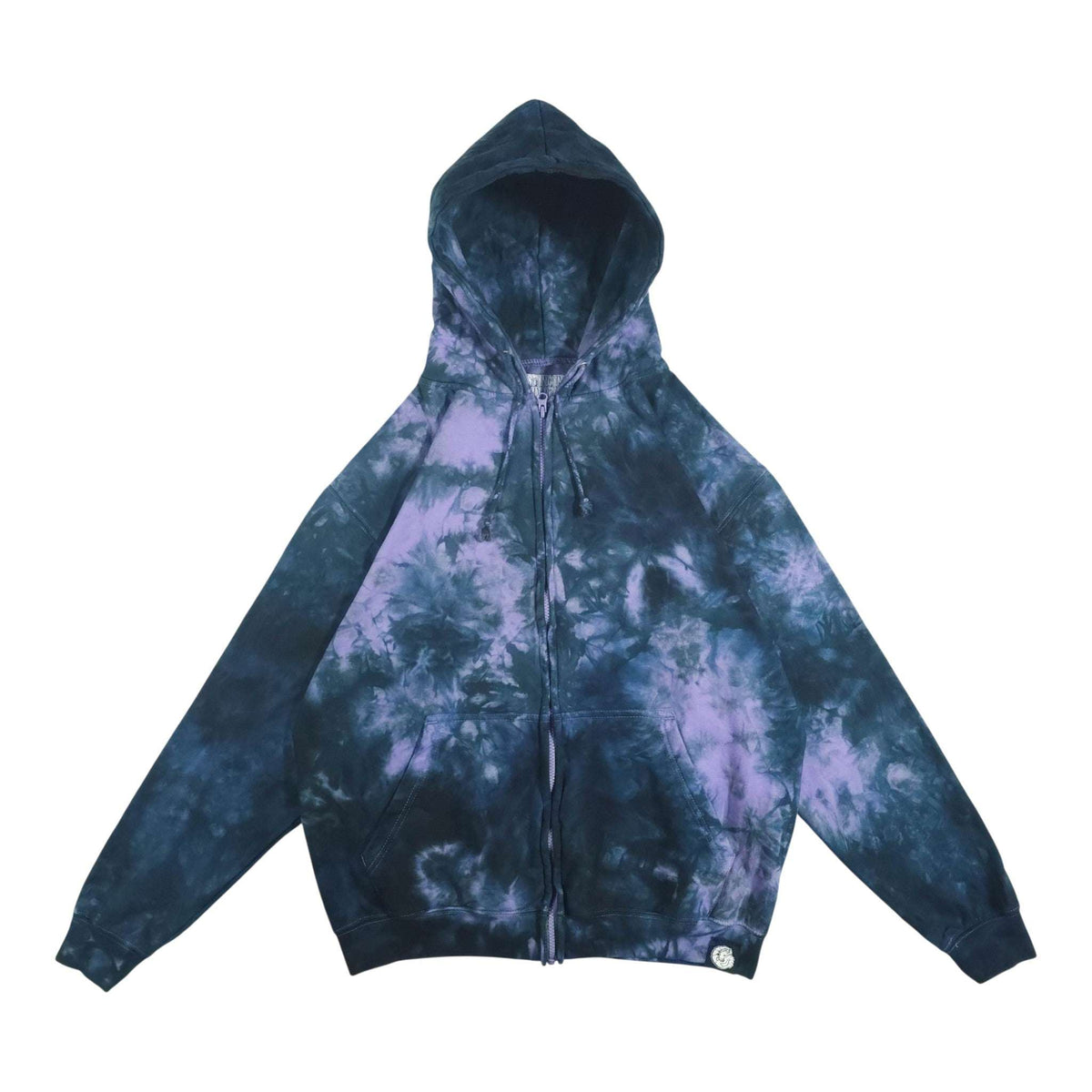 Tie-dye zip-up hoodie with dark blue and purple patches, full sleeves, drawstring hood.