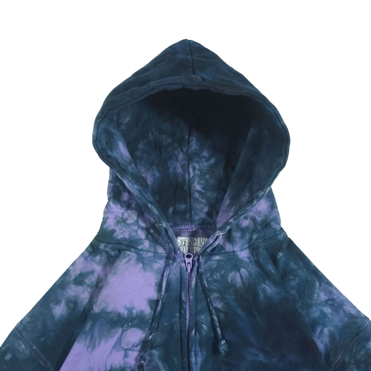Tie-dye zip hoodie with hood up; dark blue and lavender-purple cloud pattern across front.