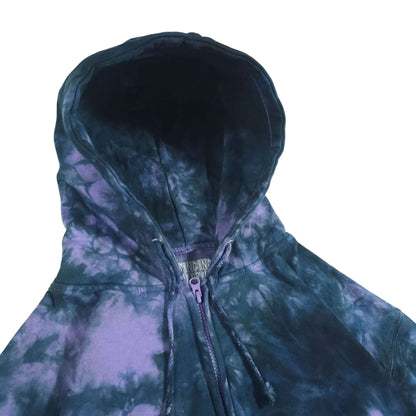 Tie-dye zip hoodie hood and zipper close-up; dark blue with purple-lavender patches.