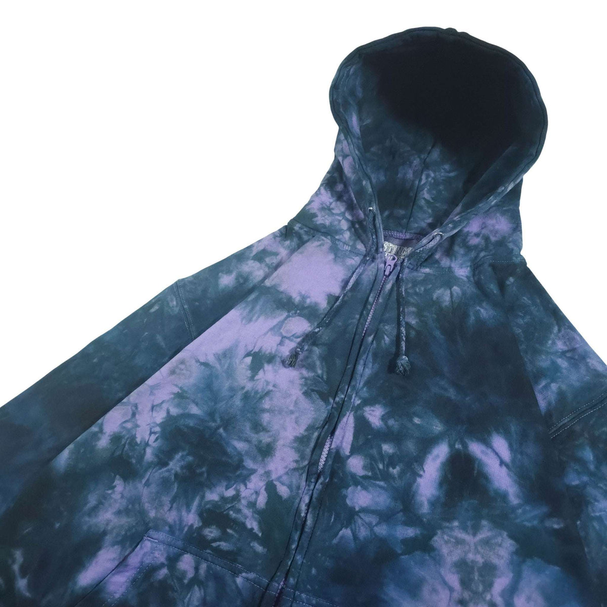 Tie-dye zip-up hoodie, hood up; dark blue outer with purple-lavender and blue tie-dye waves.