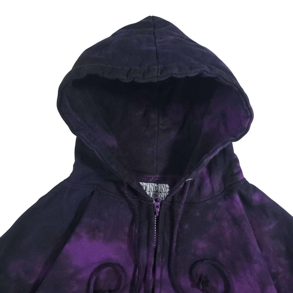 Purple and black tie-dye zip-up hoodie hood and front zipper detail.