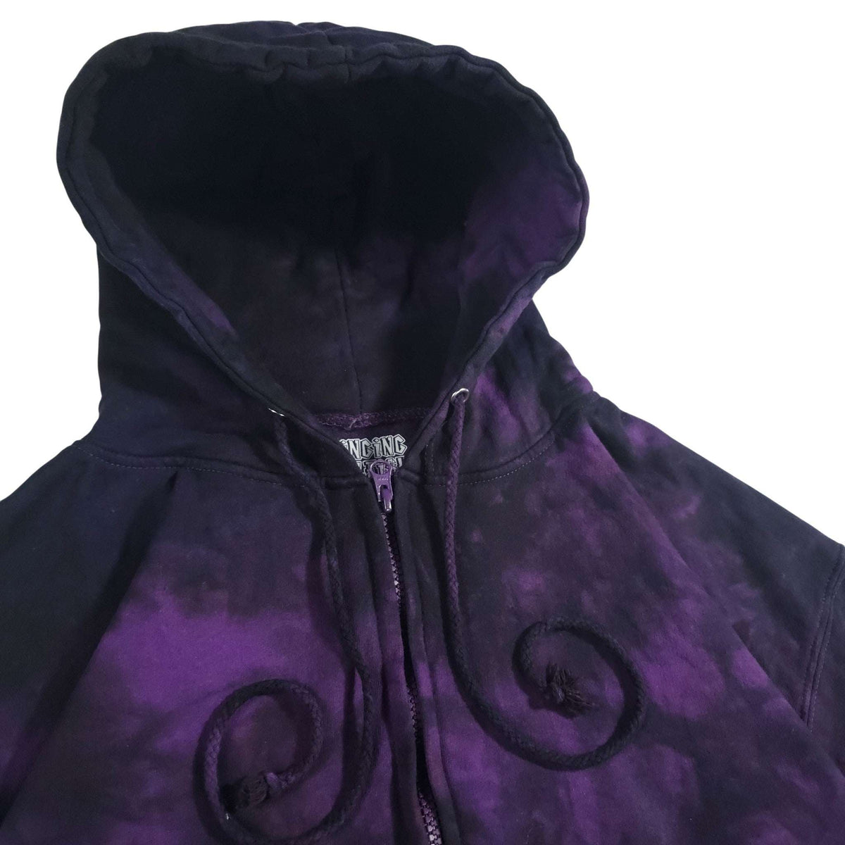 Purple and black tie-dye zip-up hoodie front with swirl graphics and zipper.