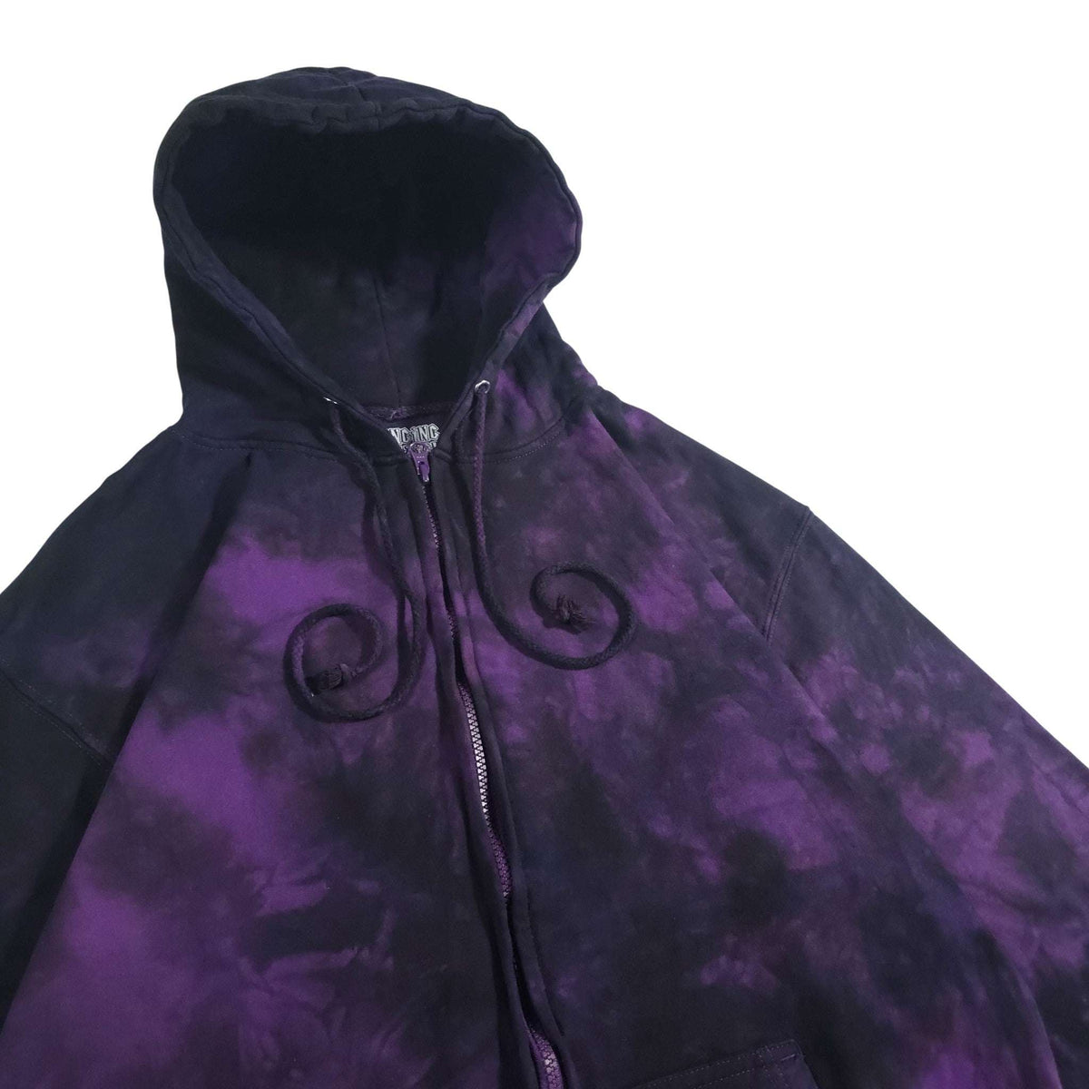 Purple and black tie-dye zip-up hoodie front with hood and swirl graphics.