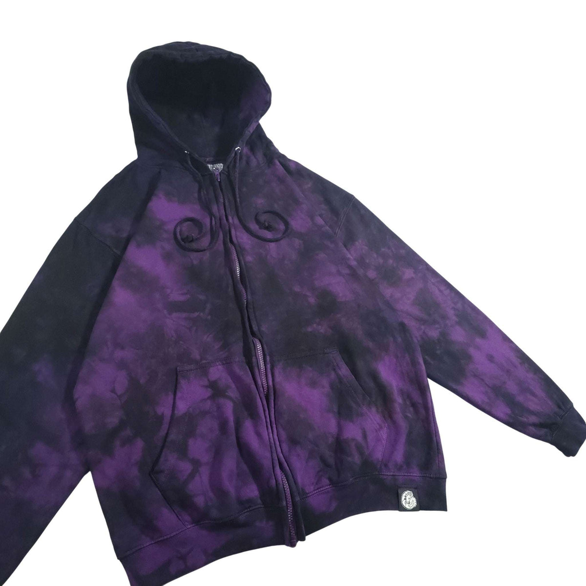 Purple and black tie-dye zip-up hoodie front view with hood, zipper, and cuffs.