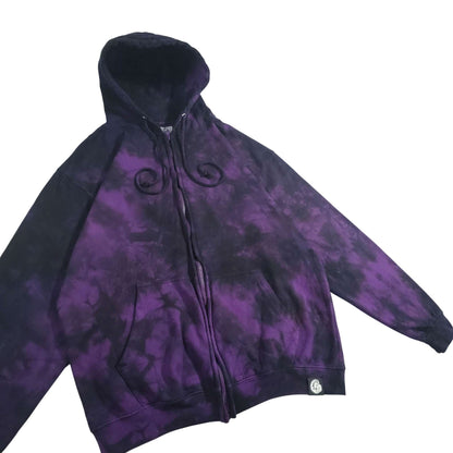 Purple and black tie-dye zip-up hoodie front view with hood, zipper, and cuffs.