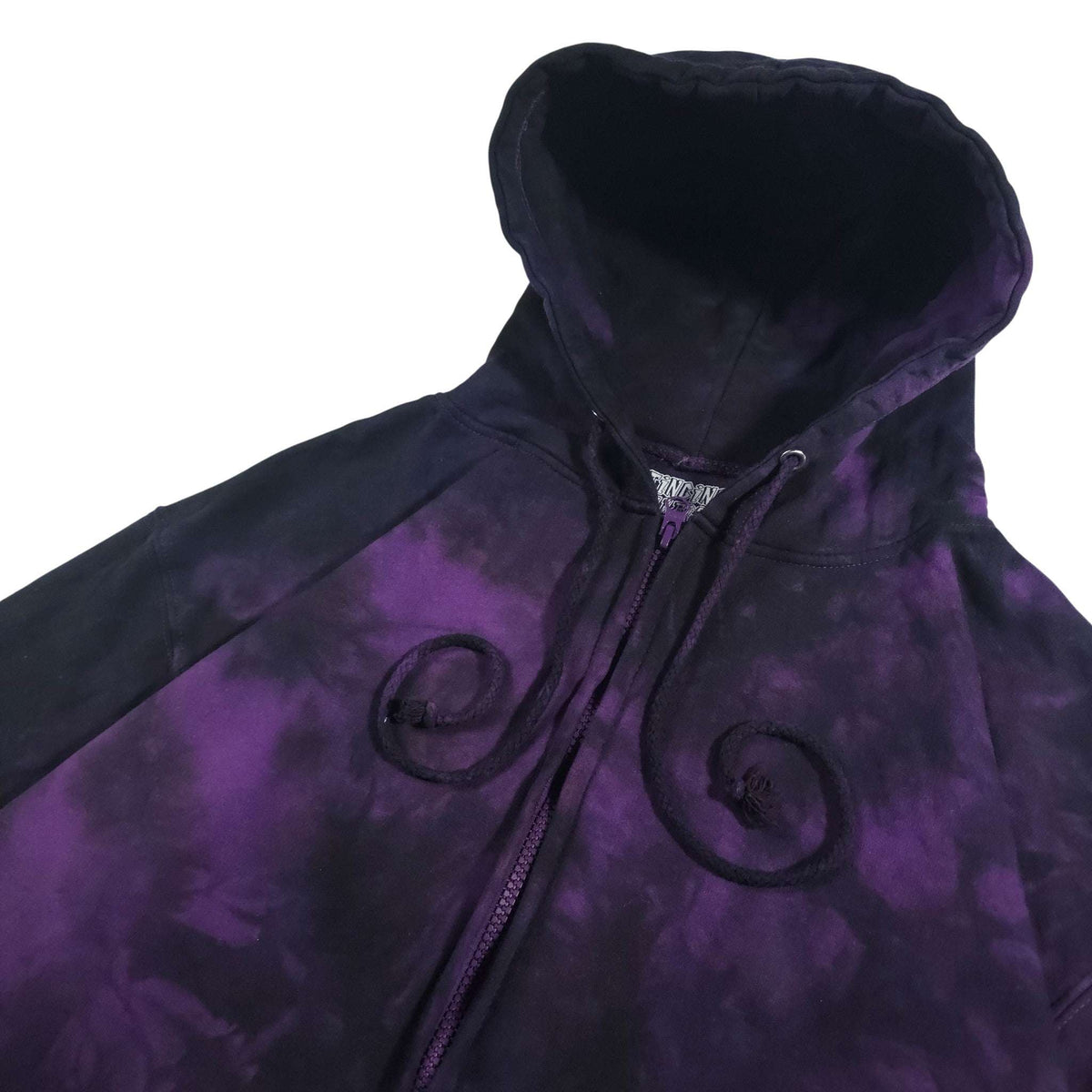 Purple and black tie-dye zip-up hoodie with hood, zipper, and swirl chest print.