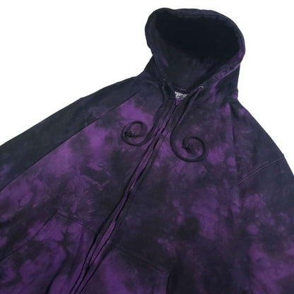 Purple and black tie-dye zip-up hoodie front view with hood and zipper details.
