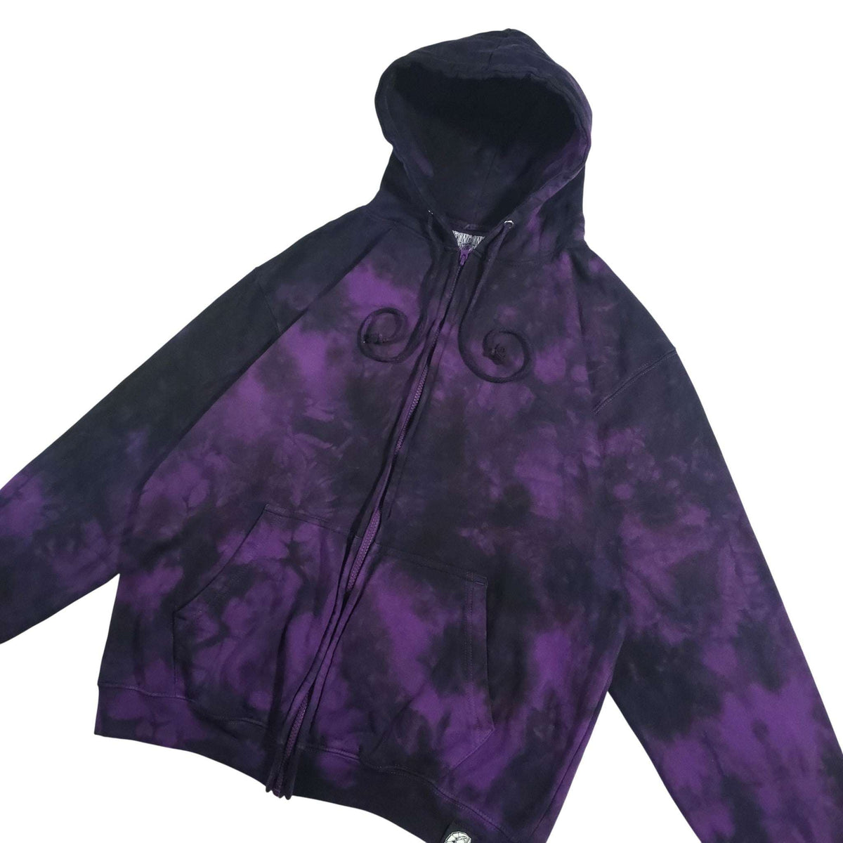 Purple and black tie-dye zip-up hoodie front three-quarter view with hood and zipper.