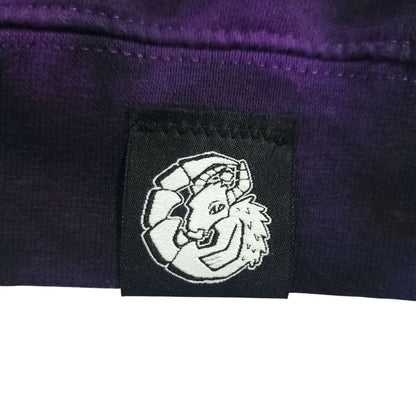 Purple and black tie-dye zip-up hoodie front patch with logo graphic