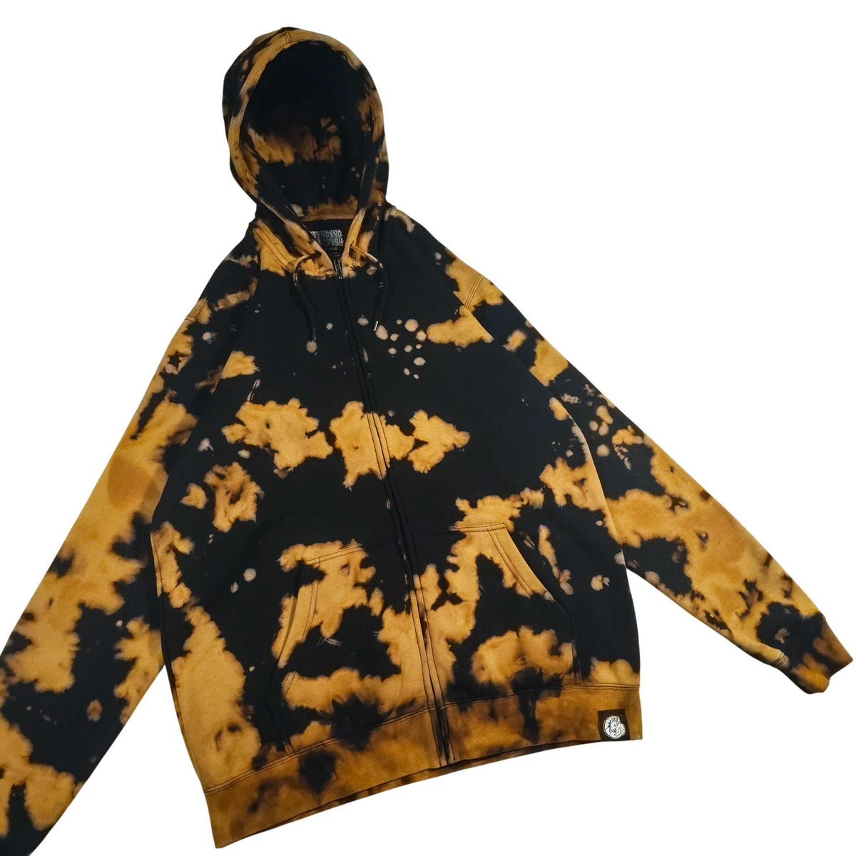 Black and tan/gold bleach-dyed zip hoodie; hood with drawstrings and front zip