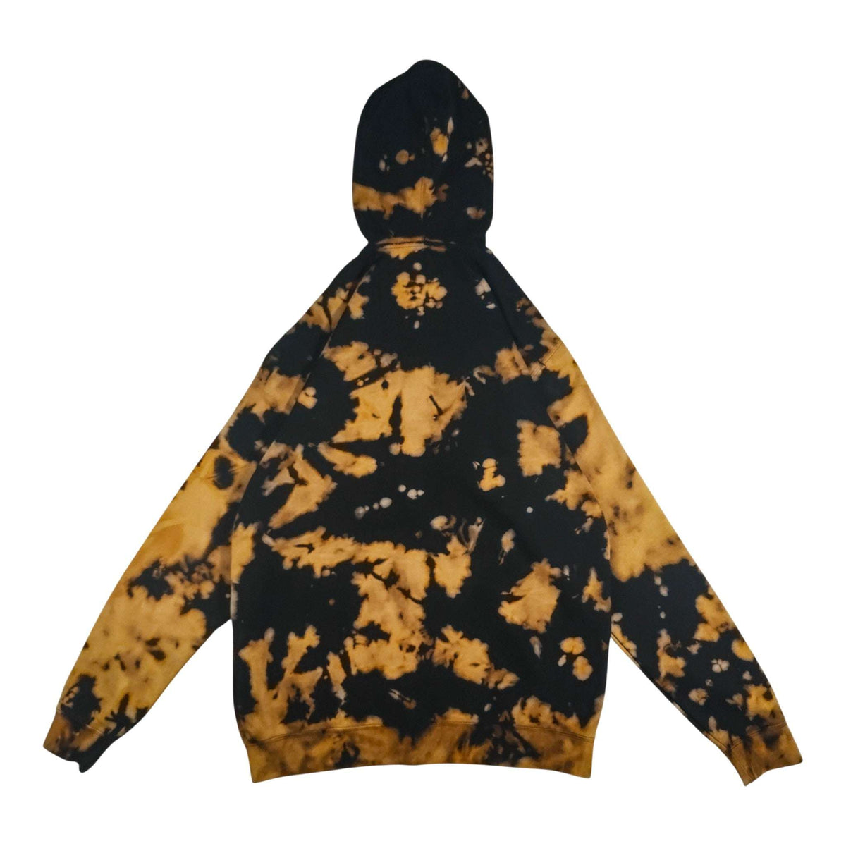 Zip hoodie back view in black with tan/gold bleach splashes; full hood and sleeves