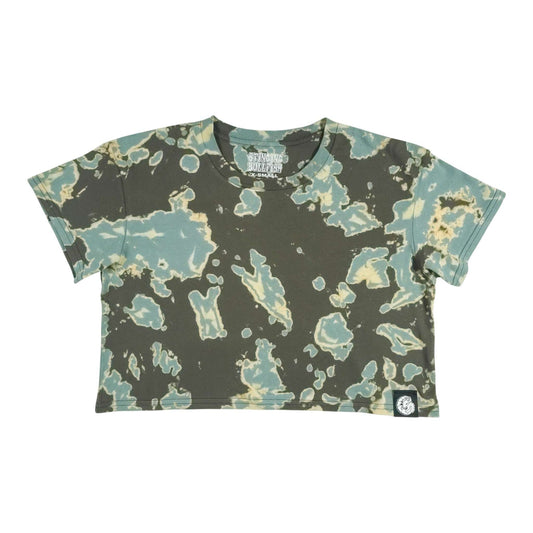 Tie-dye crop top with dark base and teal, cream, and yellow mottled splash print