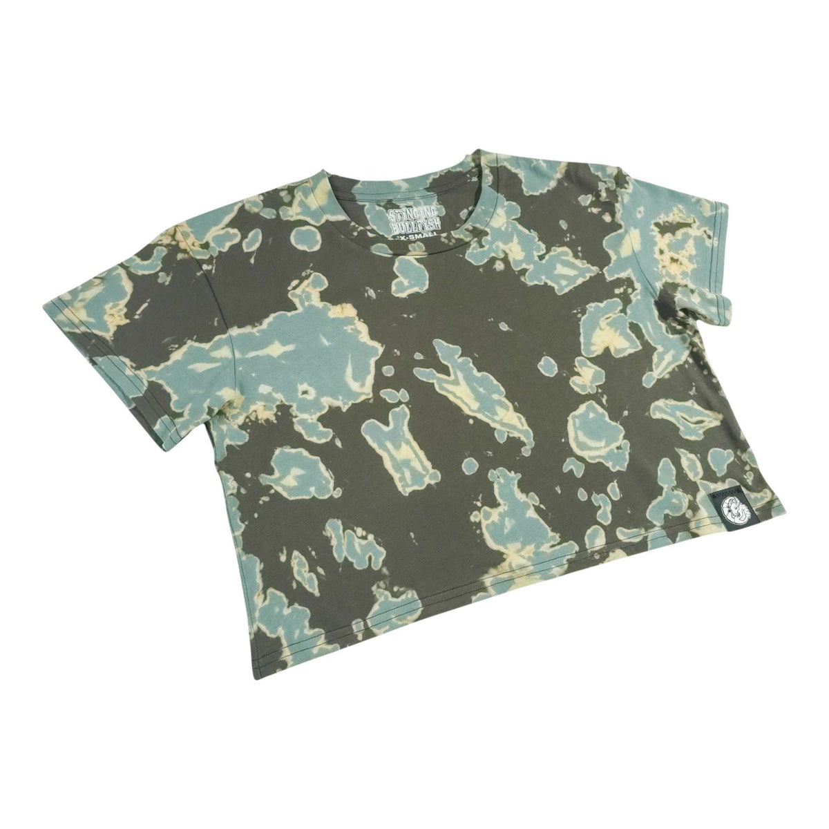 Bleached dye crop top with short sleeves; dark green and teal mottled abstract print
