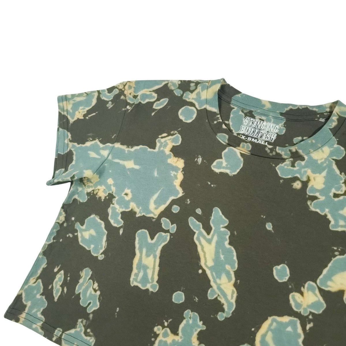 Crewneck crop top with dark green and light teal splatter dye pattern across front