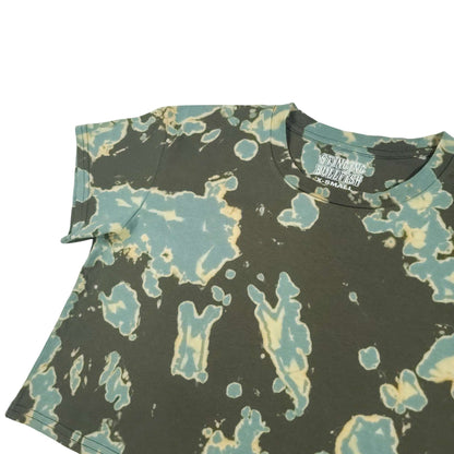 Crewneck crop top with dark green and light teal splatter dye pattern across front