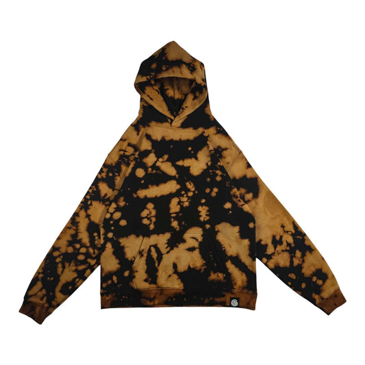 Relaxed tie-dye hoodie with hood, black and tan bleach camo splash pattern